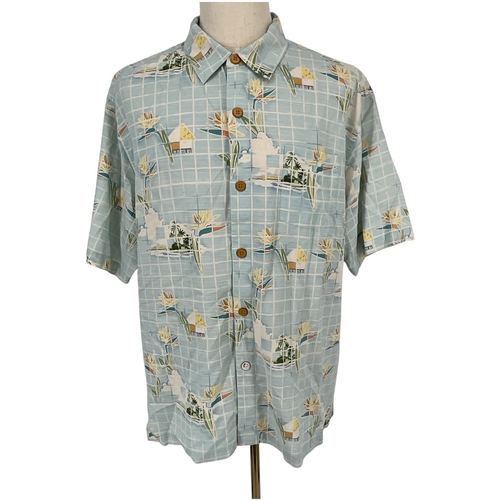 Tommy Bahama Original Fit Silk Blend Hawaiian Shirt Mens XL Blue‎ Floral Island